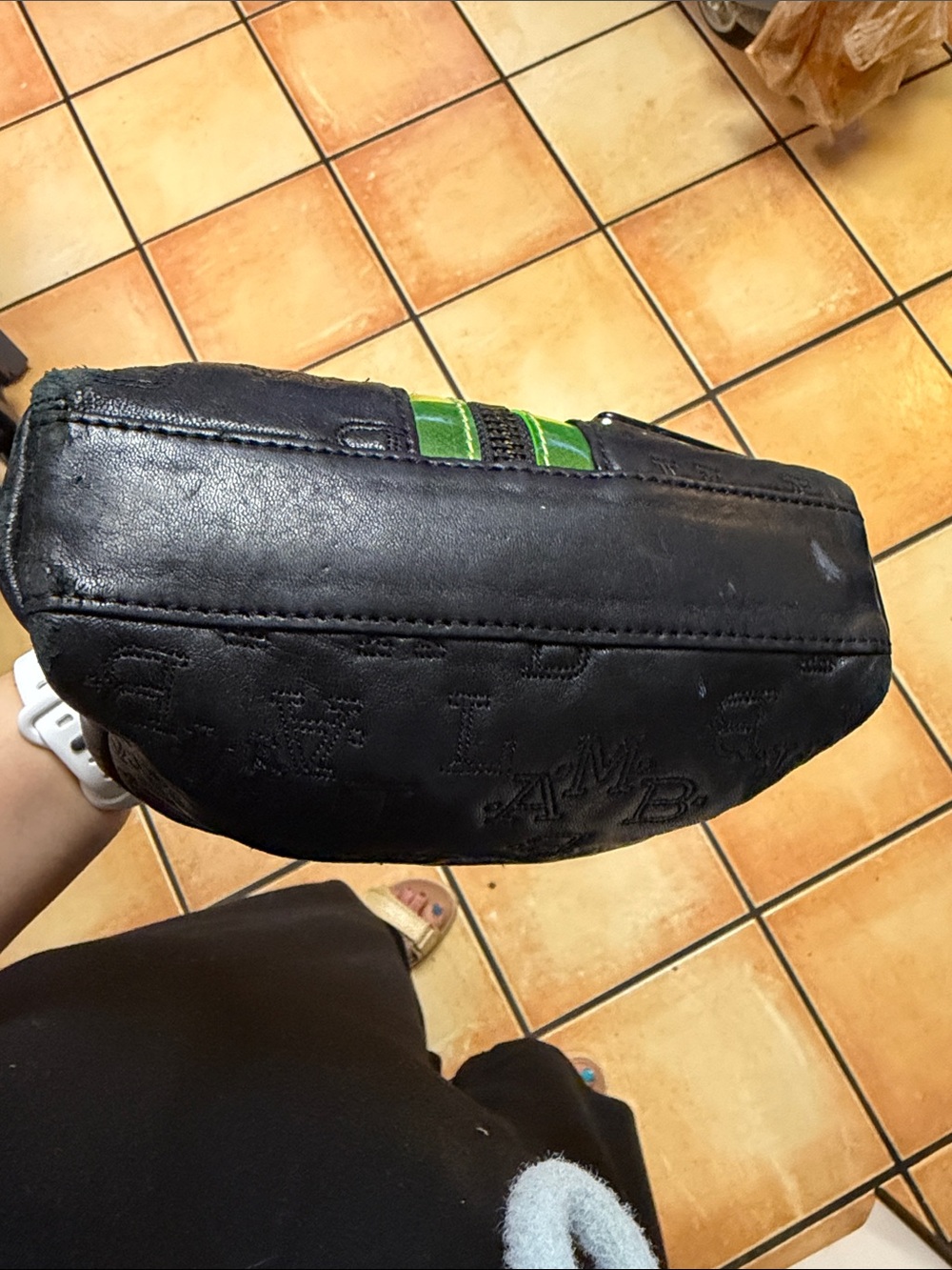 L.A.M.B. Black Leather Cosmetic Pouch with Green Center Stripe - Picture 8 of 9